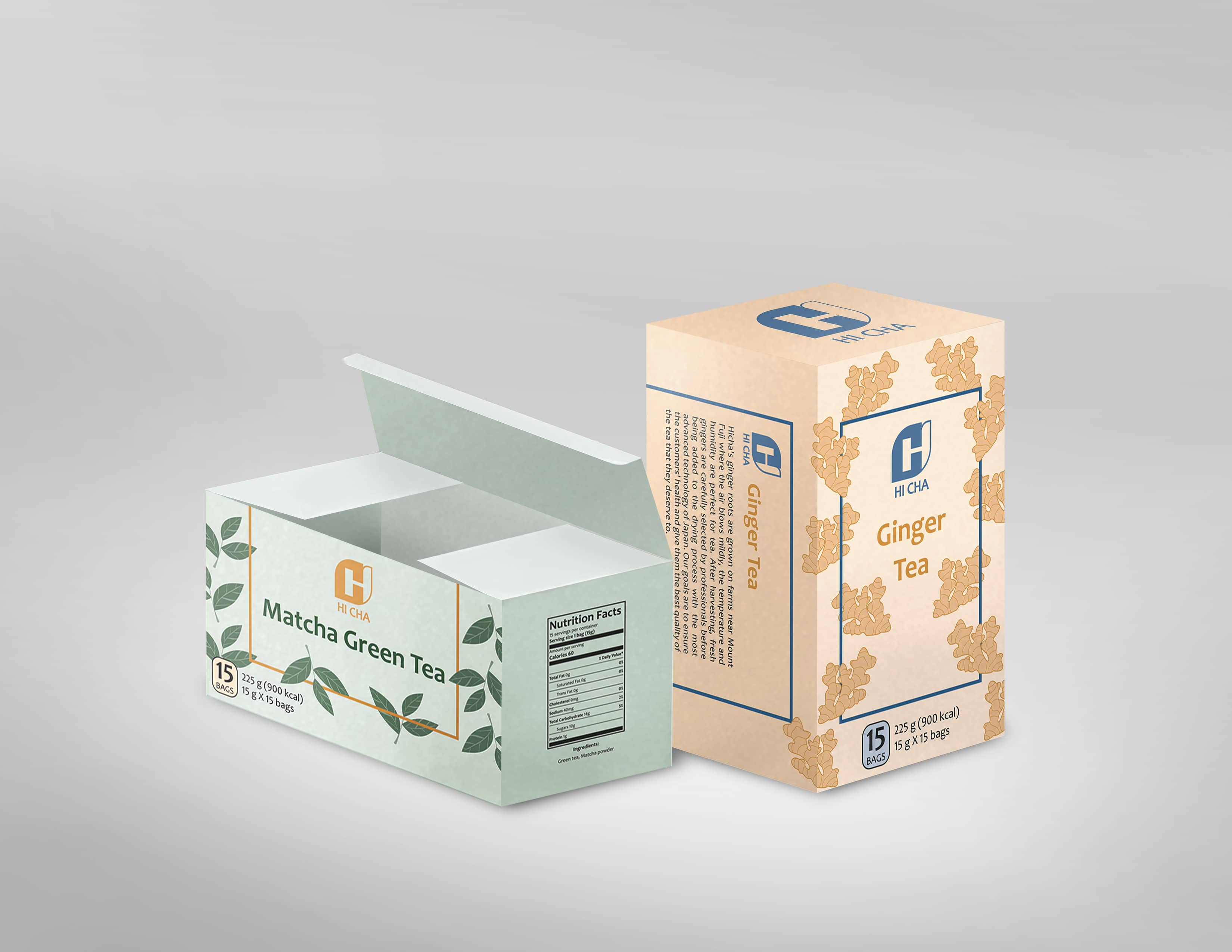 Tea boxes (placed vertically and horizontally) of Hicha brand