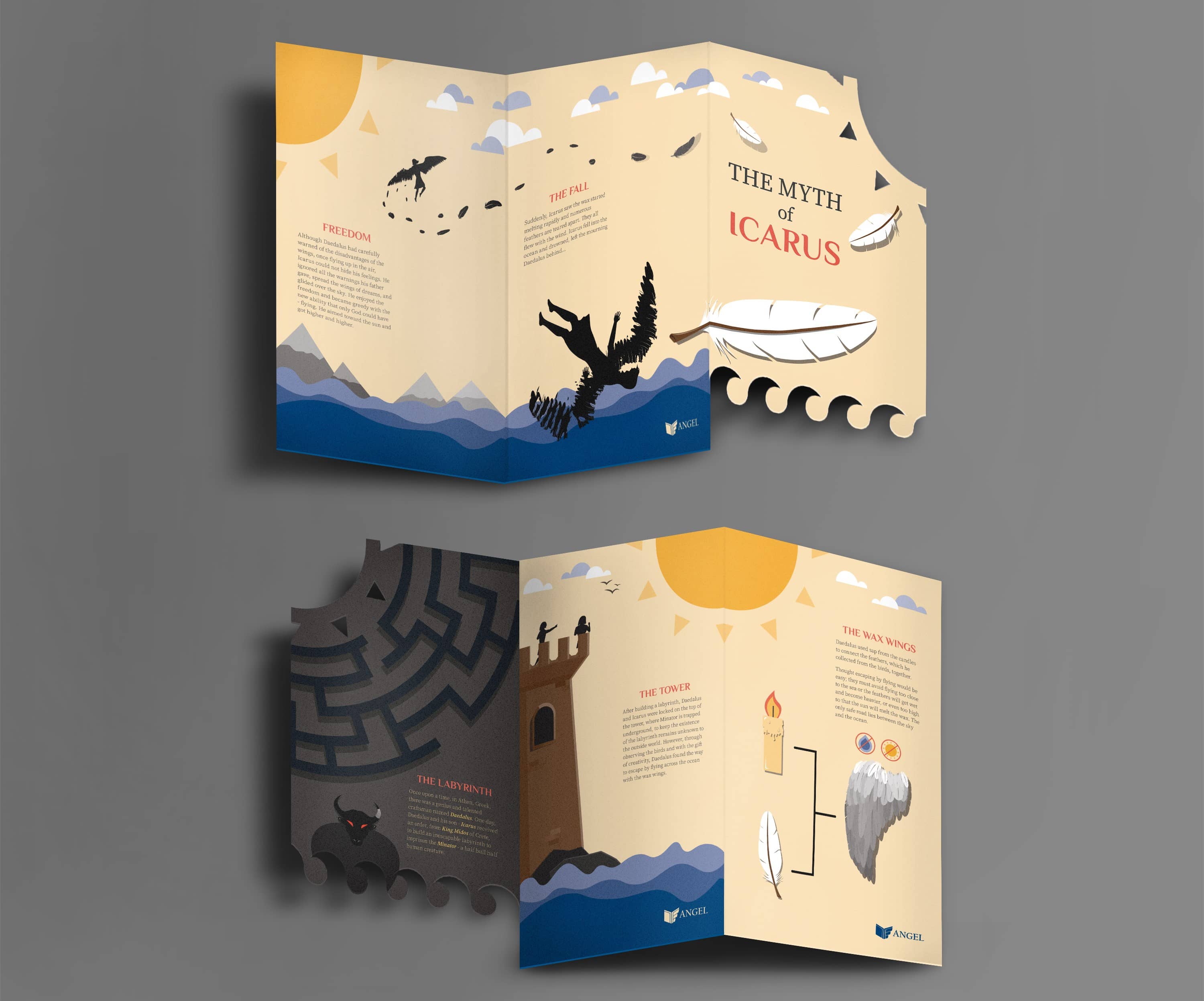 Trifold brochure of the myth of Icarus (man with a pair of wax-wings)