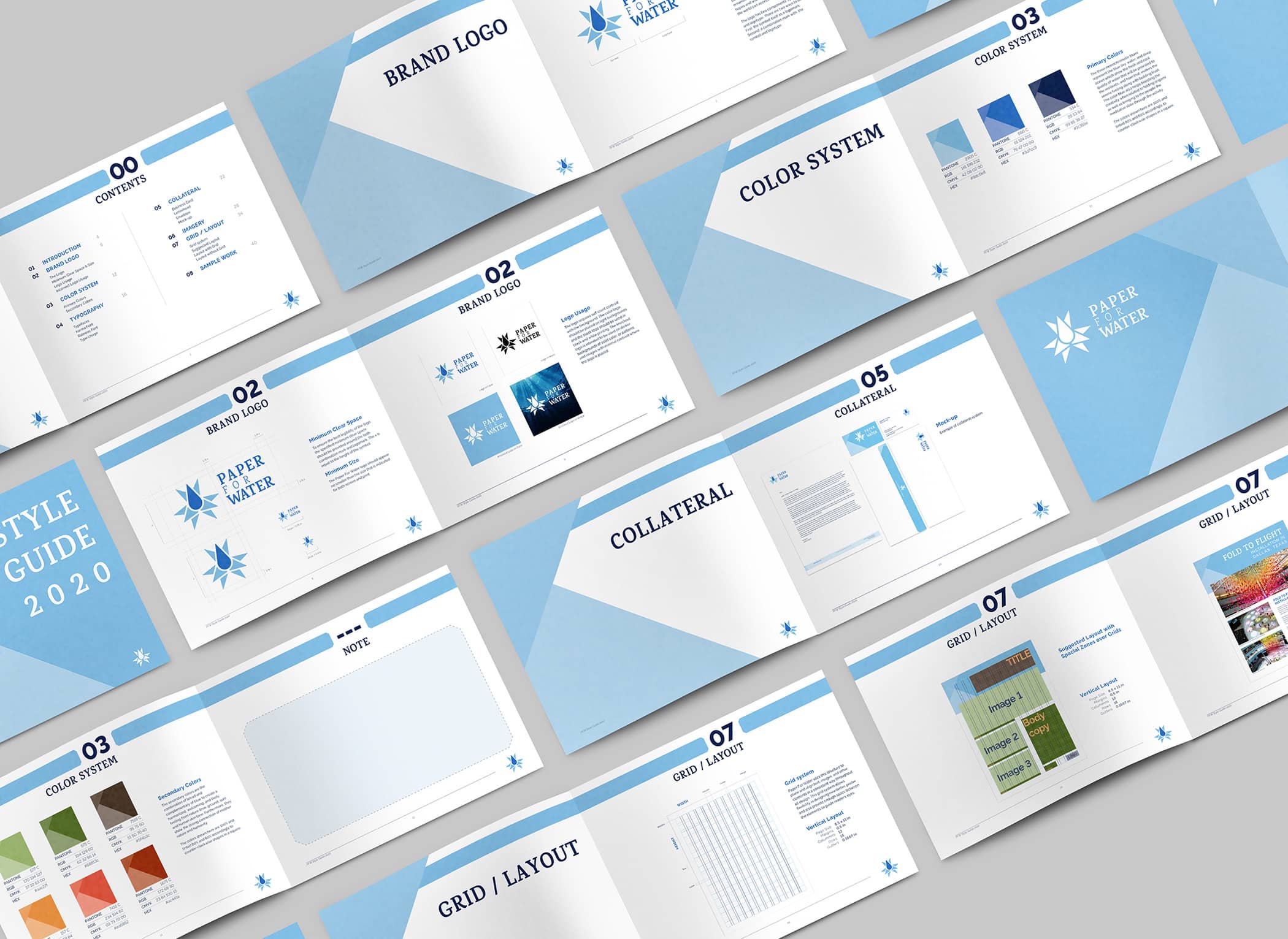 Booklet style of a design process, branding identity, grid layout of an organization called Paper for Water